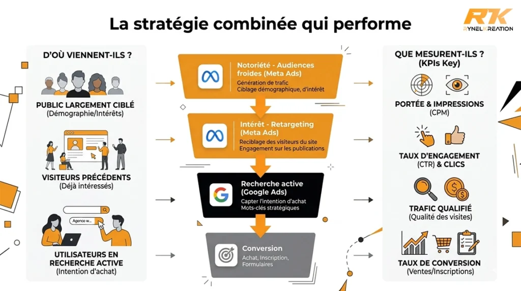 Schéma tunnel conversion combinant Meta Ads et Google Ads - stratégie publicitaire complémentaire notoriété à conversion