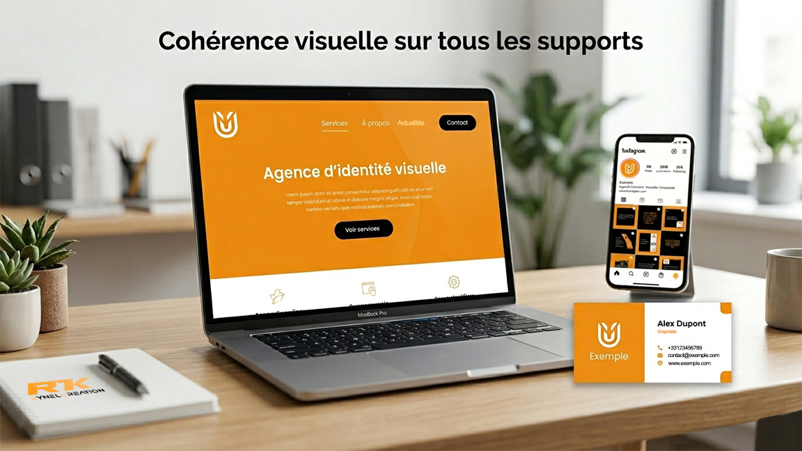 Exemple cohérence identité visuelle - site web carte visite réseaux sociaux même logo couleurs typographie