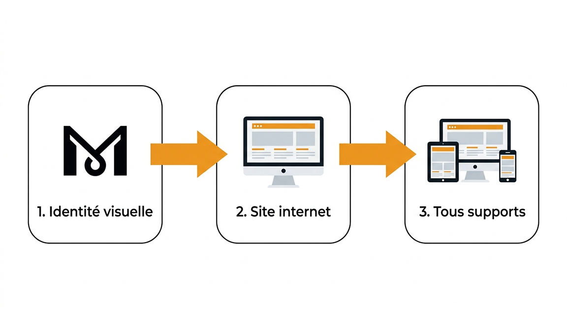 Schéma construction identité digitale étape par étape - logo puis site web puis supports communication