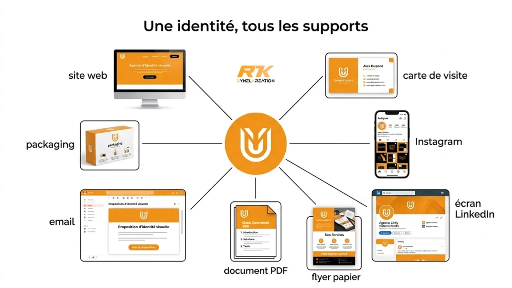 Déclinaison identité visuelle sur tous supports communication - site réseaux sociaux documents