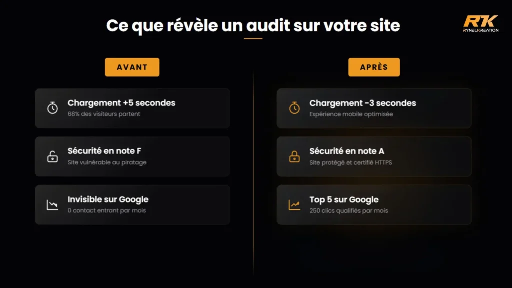 infographie simple montrant la différence entre audit par Agence RynelKreation avec un avant et après audit site web gratuit