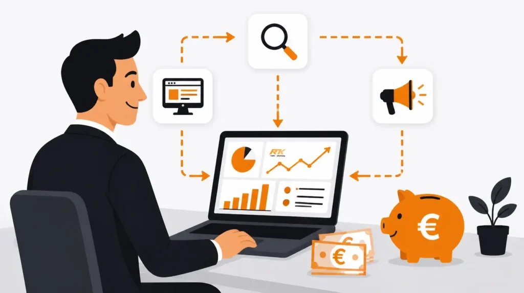 Illustration montrant un dirigeant d'entreprise gérant sa visiblité en ligne, cela représente budget à investir sur le digital, créer par Agence RynelKreation