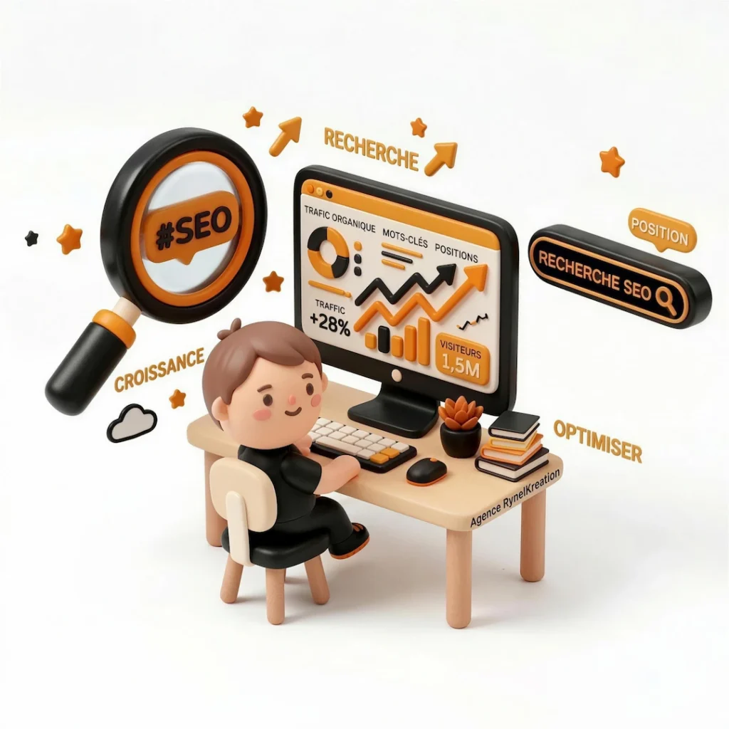 personnage 3D representant expert SEO, créer par Agence RynelKreation